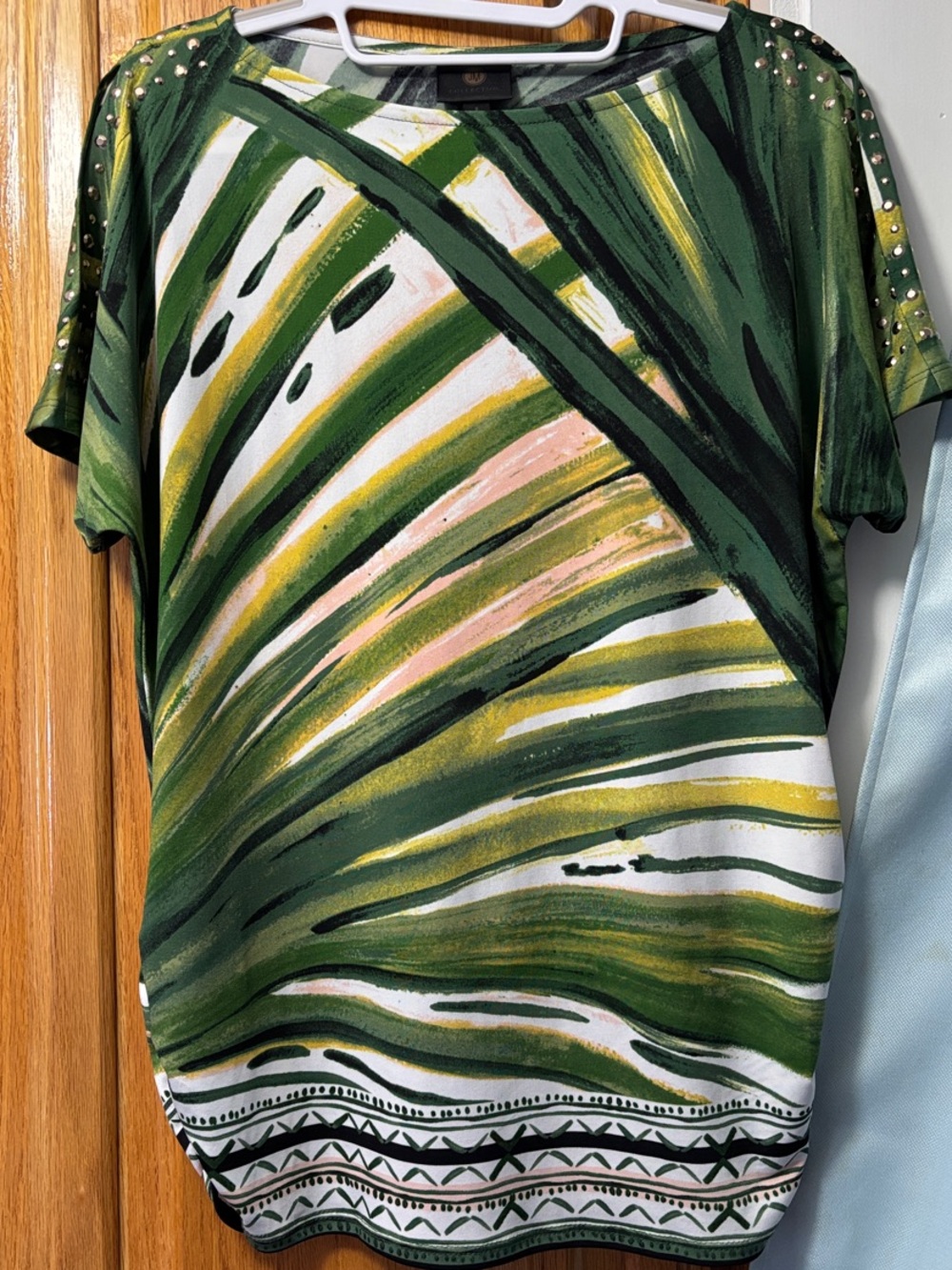 JM Collection Green Palm-Print Short Sleeve Top with Pink and Yellow Accents